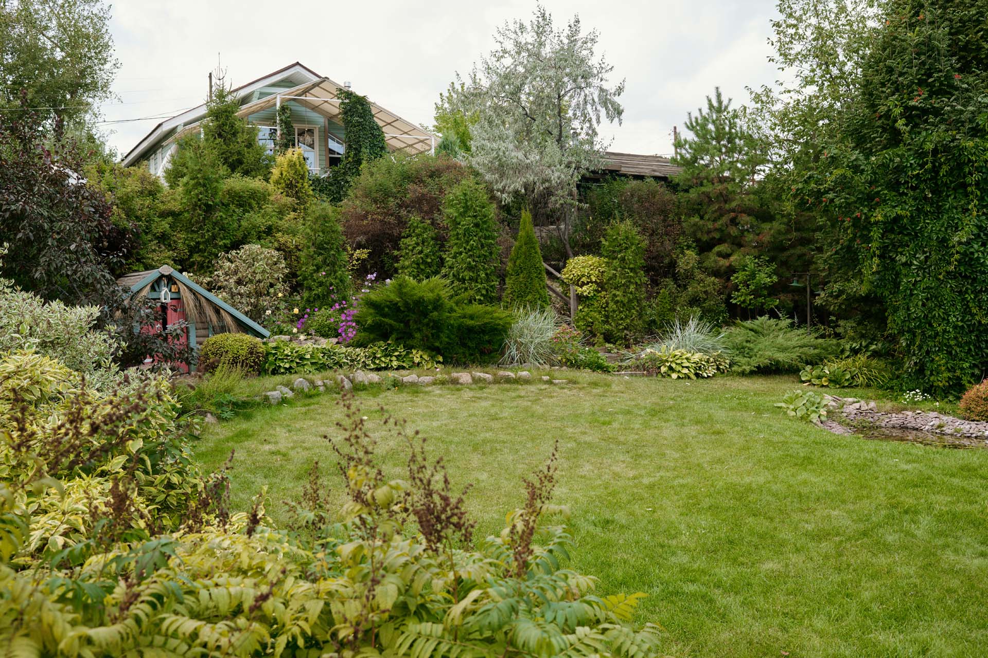 Wide green lawn surrounded by variety of plants, bushes and trees